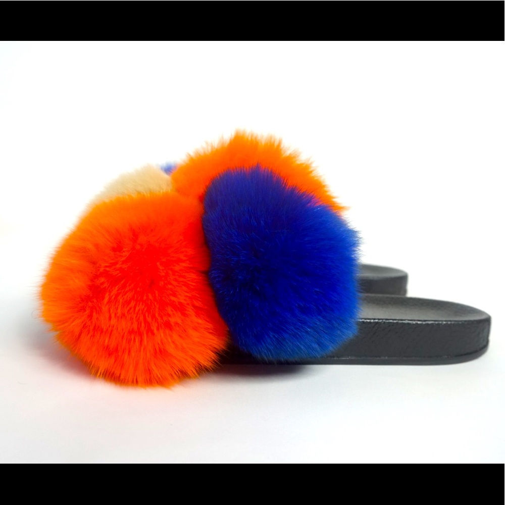 Fur slides  ( Royal Blue, Tan, and Orange Puff Ball Slides)